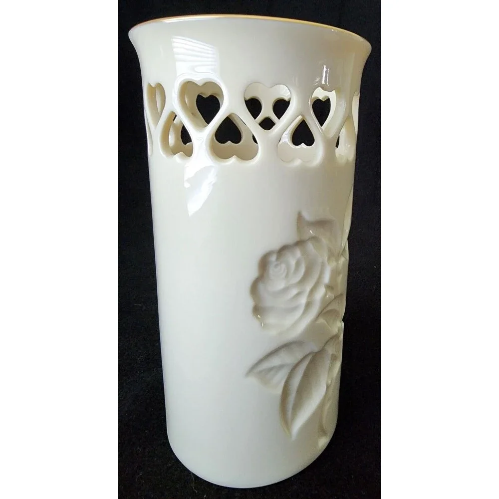 Vintage ~ Lenox Intaglio Rose Pierced Hearts Vase with Gold trim/stamp. Made USA